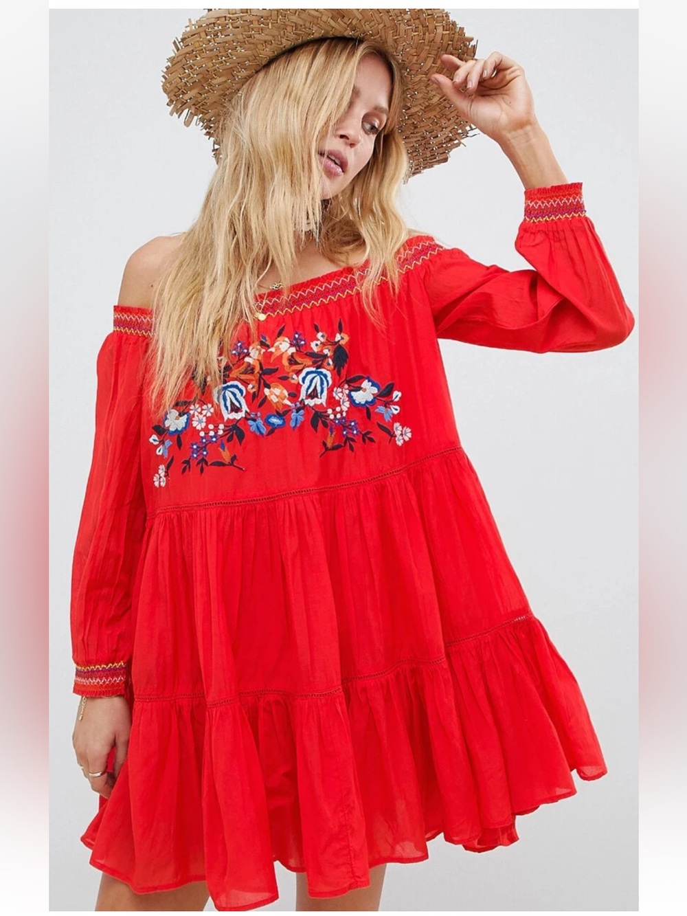 Free People SunBeams red floral embroidered off-the-shoulder mini dress small